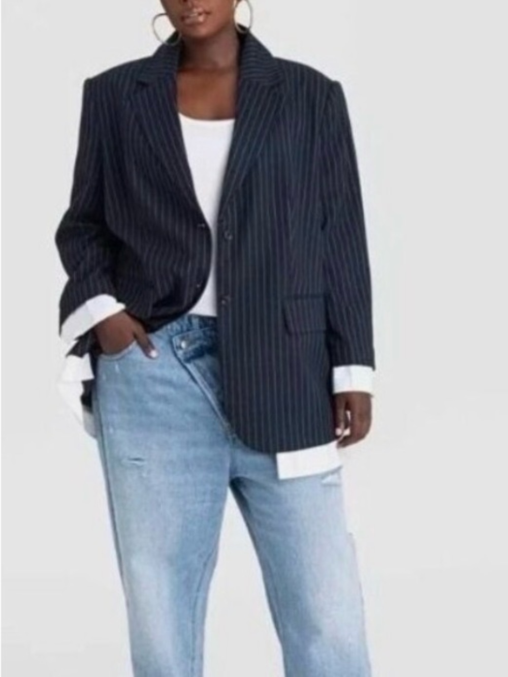 KBB x KAHLANA Navy Pinstripe Oversized Blazer - Women's Jacket